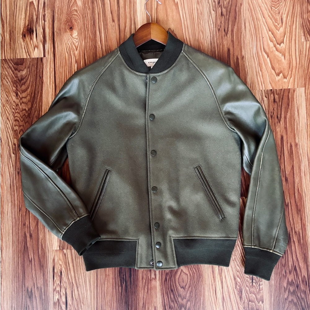 Coach Olive Green Wool and Leather Varsity Jacket (Size M)
